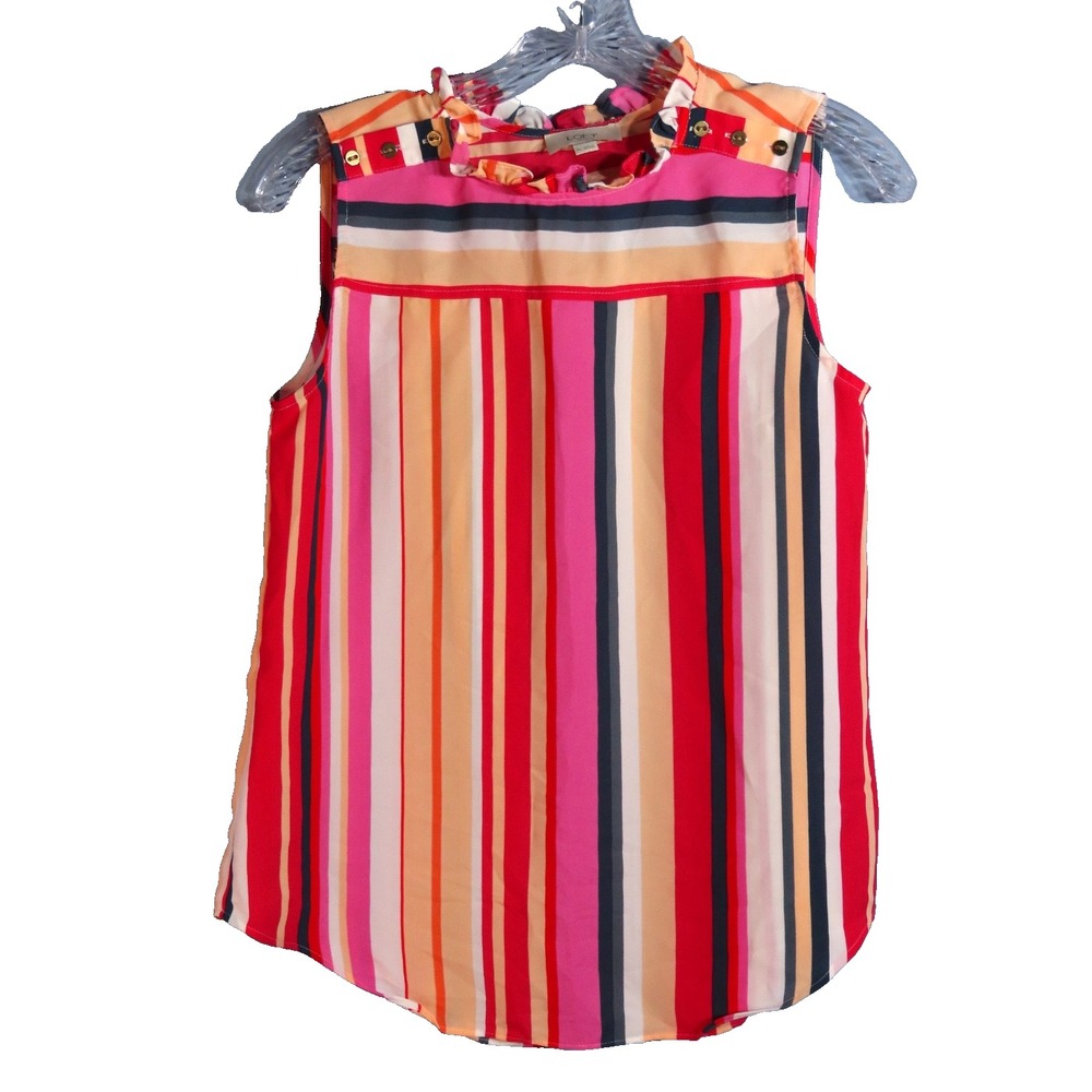 LOFT Ann Taylor CANDY STRIPE BLOUSE Crepe Chiffon RUFFLE TRIM Tank Top SIZE XS